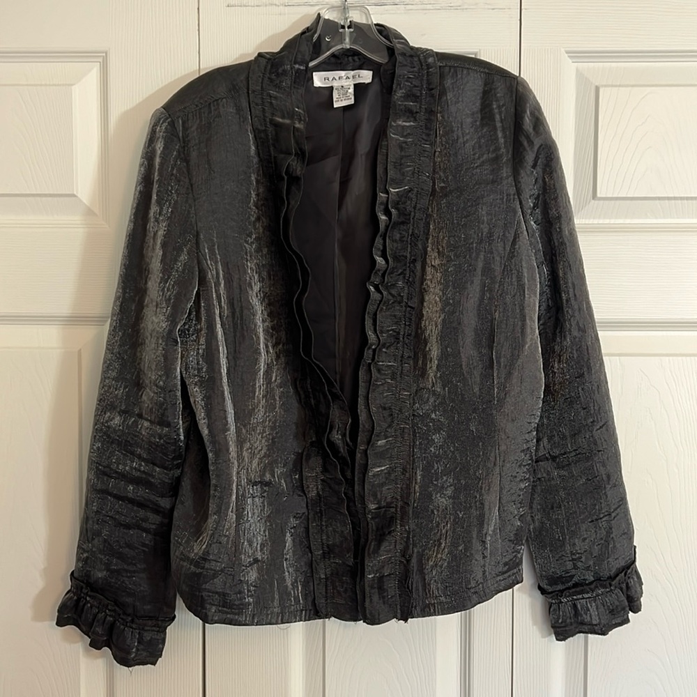 Rafael Women’s Size 14 Silver Cocktail Wedding Blazer Jacket Ruffle Detail  H1